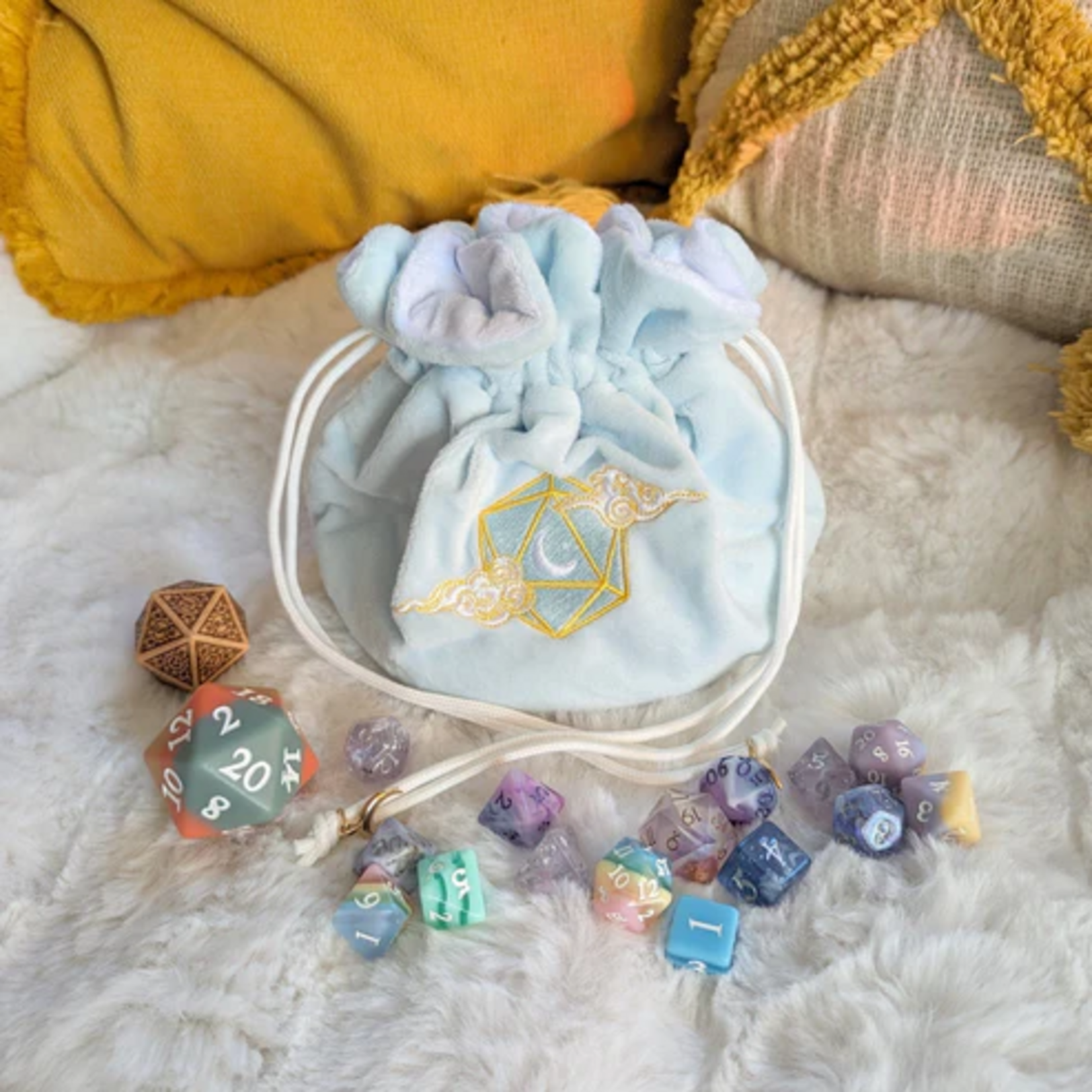 Fennek and Finch d20 Moon and Clouds Multipocket Large Dice Bag Lite Blue and White