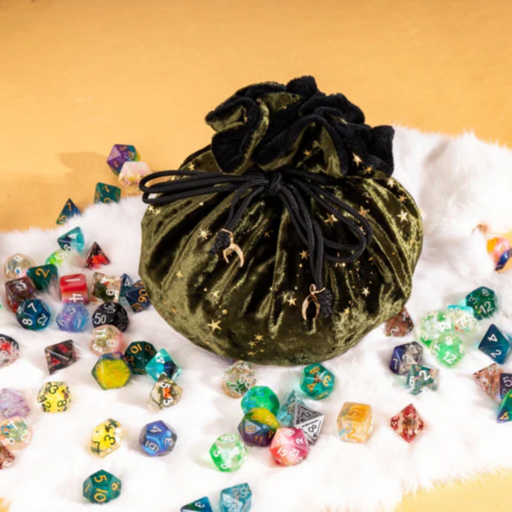 Fennek and Finch Starry Olive Green and Black Multipocket Large Dice Bag w/ Moon Charms