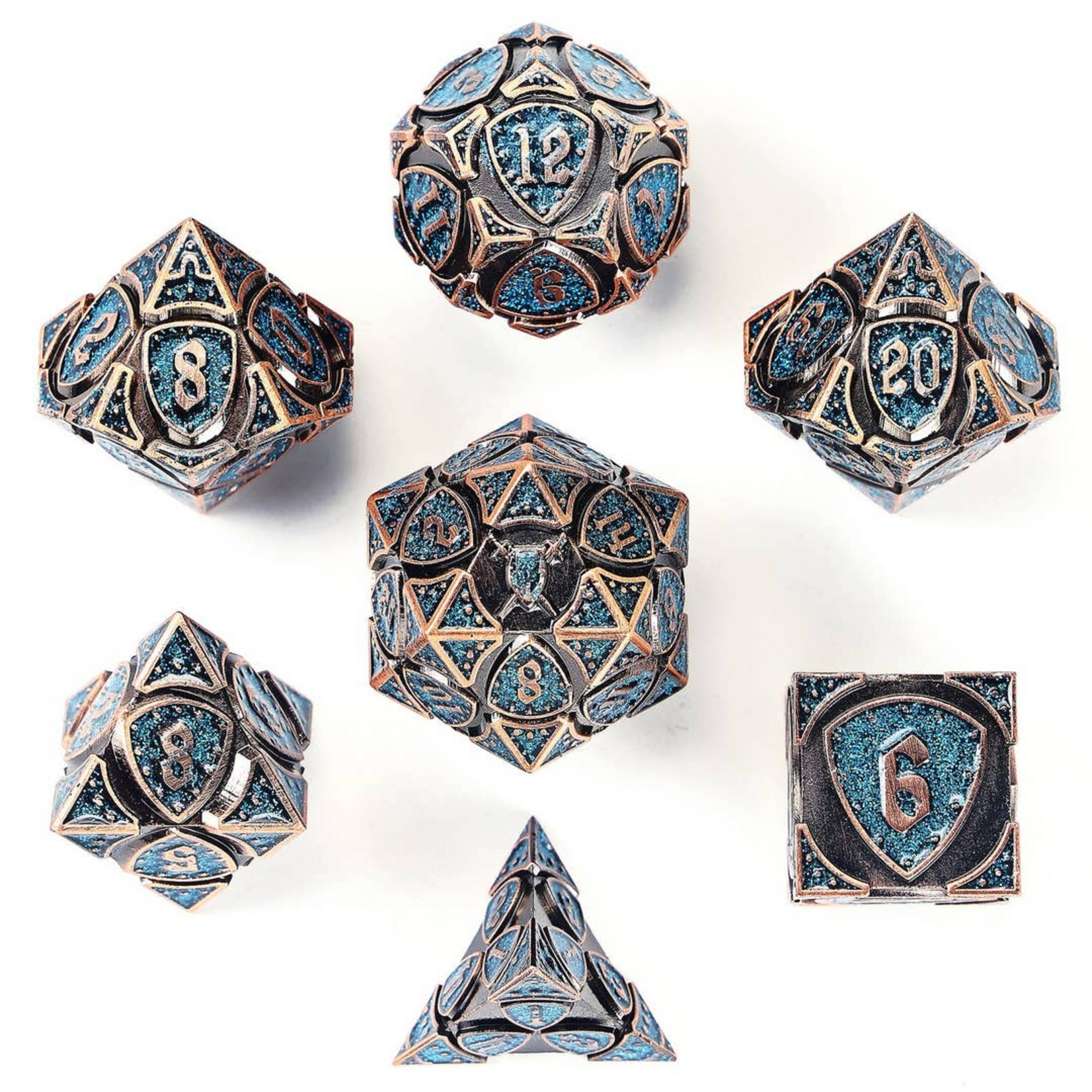 HYMGHO Hymgho Solid Metal Fighter Class Rpg Copper w/ Blue Glitter Polyhedral 7 die set