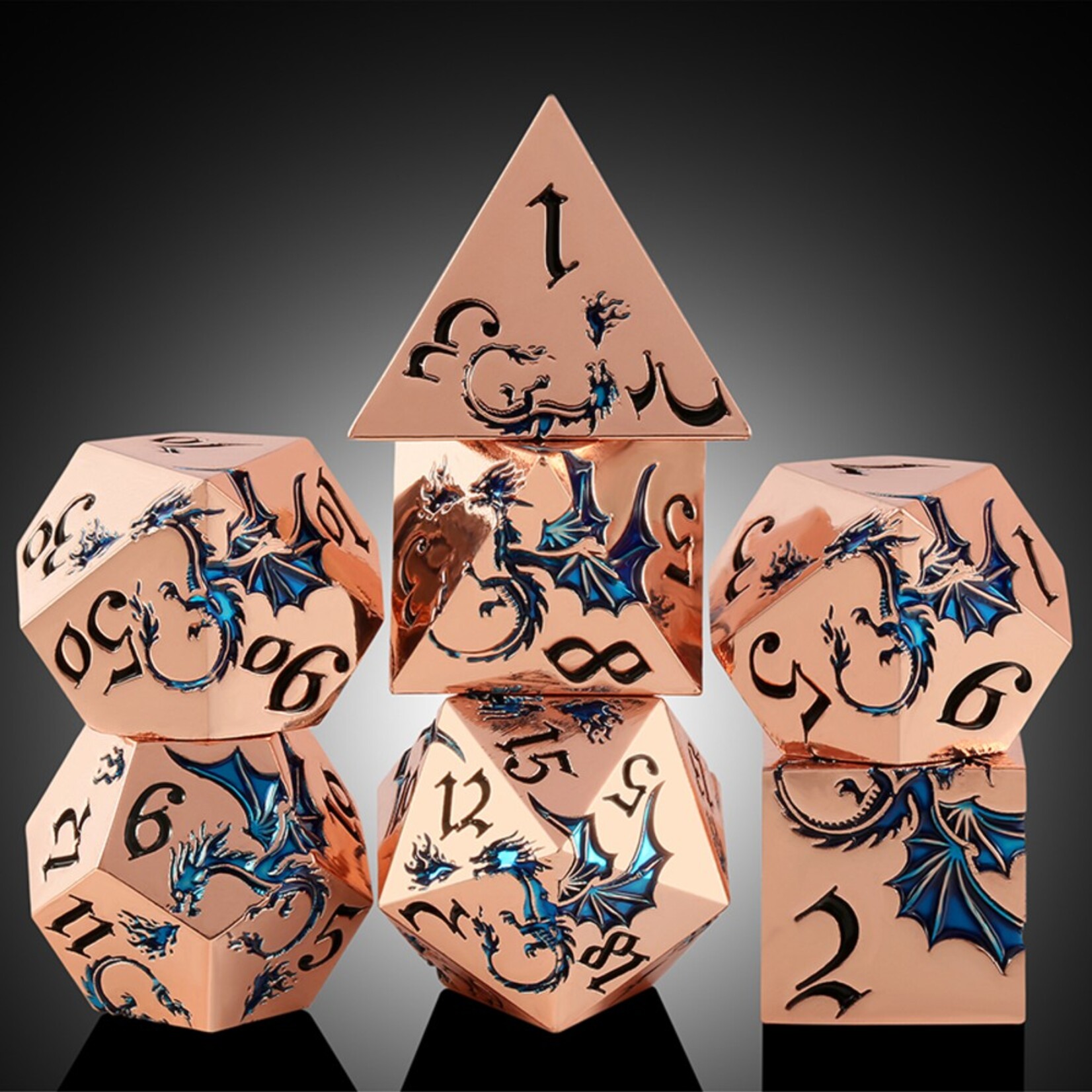 Dice Habit Dice Habit Dragon Blue and Copper Metal and Enamel Polyhedral 7 die set