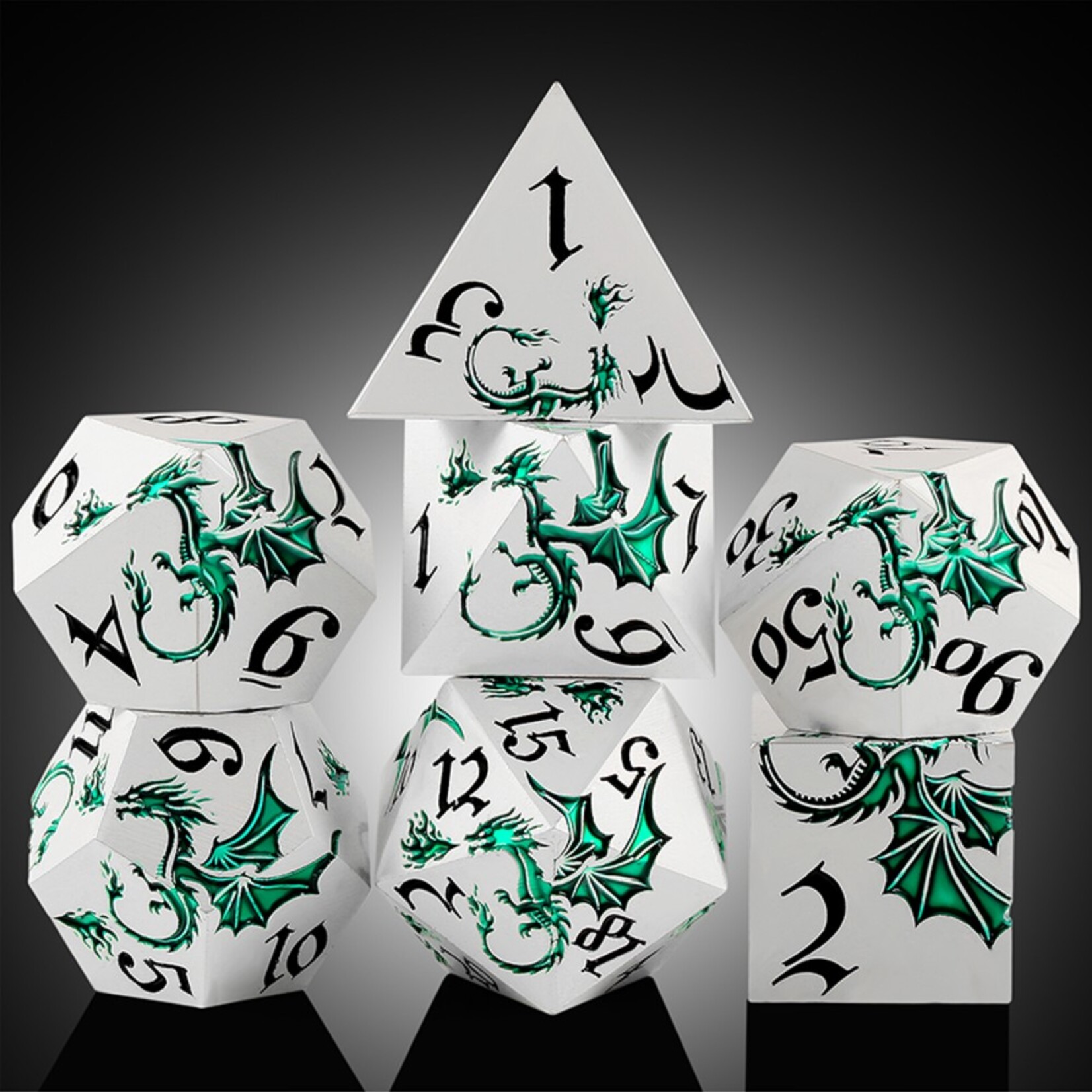 Dice Habit Dice Habit Dragon Green and Silver Metal and Enamel Polyhedral 7 die set