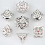 HYMGHO Hymgho Hollow Metal Dragon's Eye Shiny Silver w/ Pink Gems Polyhedral 7 die set