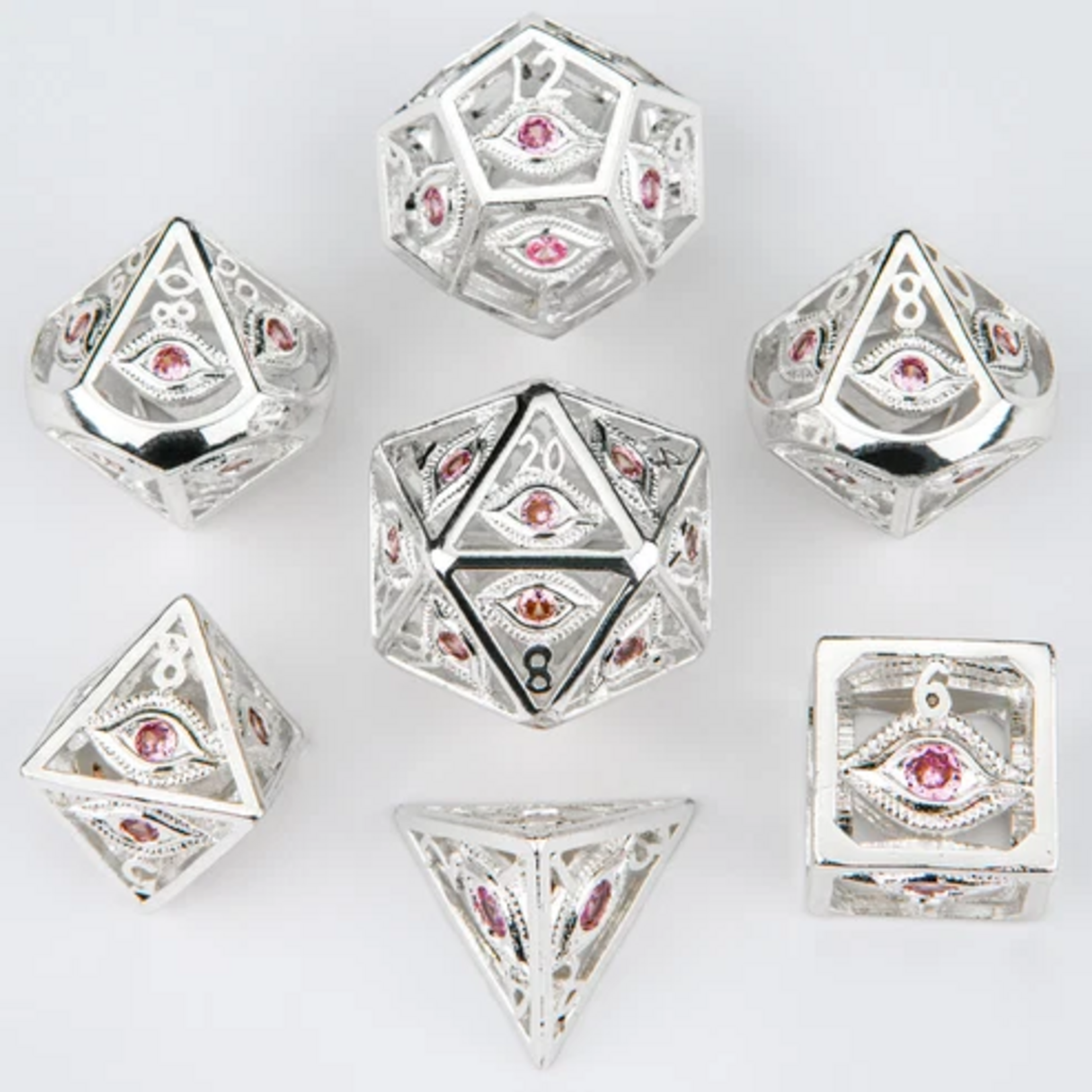HYMGHO Hymgho Hollow Metal Dragon's Eye Shiny Silver w/ Pink Gems Polyhedral 7 die set