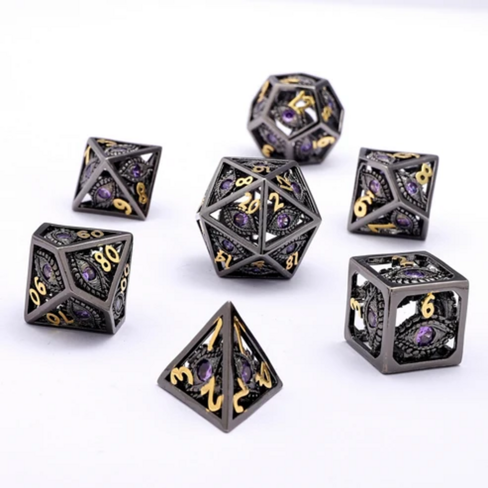 HYMGHO Hymgho Hollow Metal Dragon's Eye Black w/ Purple Gems Polyhedral 7 die set