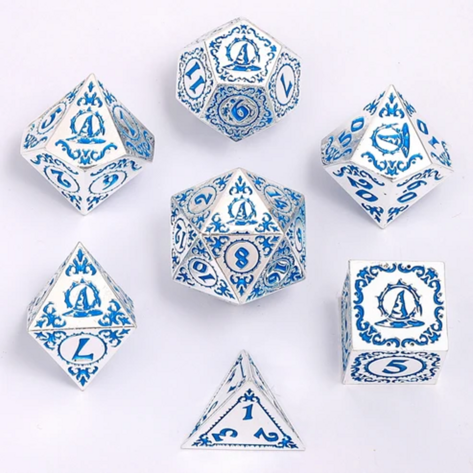 HYMGHO Hymgho Solid Metal Wizard Silver w/ Blue Polyhedral 7 die set