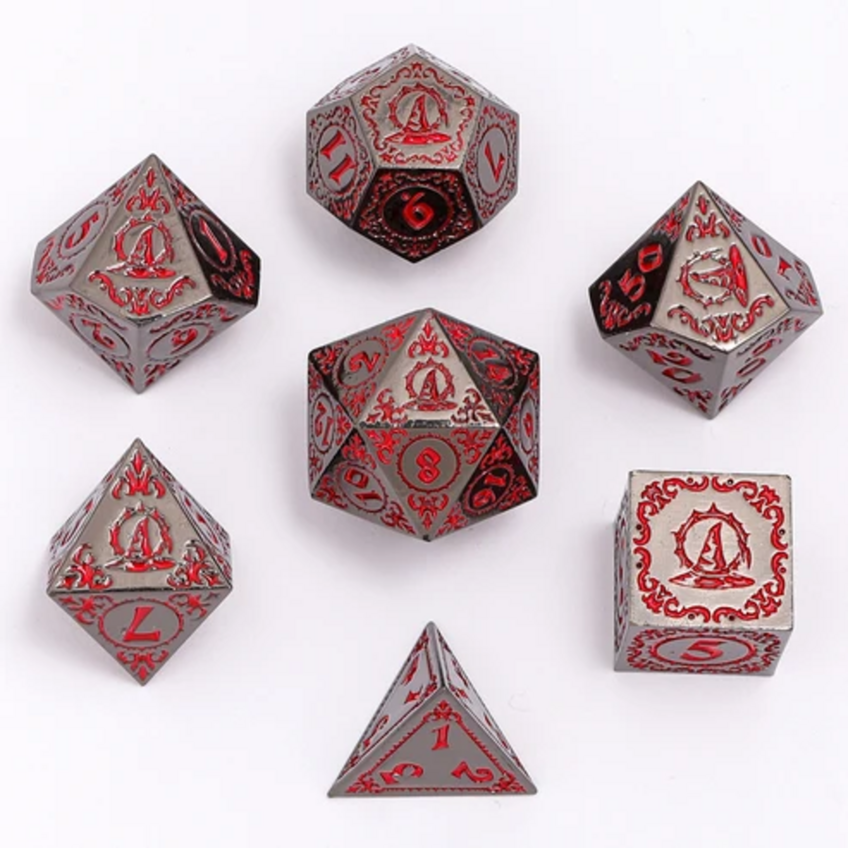 HYMGHO Hymgho Solid Metal Wizard Gunmetal w/ Blood Red Polyhedral 7 die set