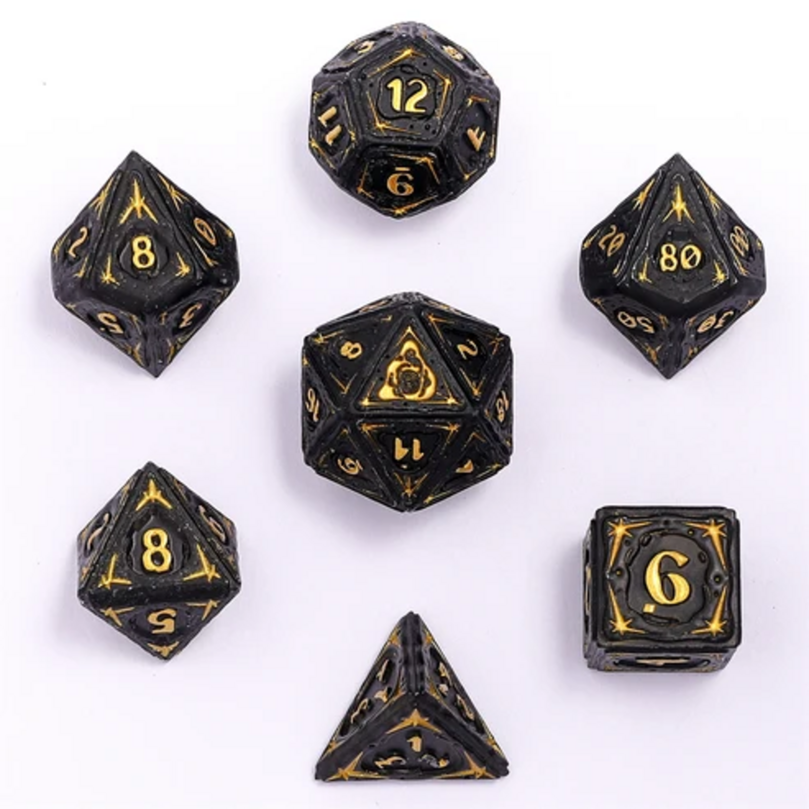 HYMGHO Hymgho Solid Metal Sorcerer Black w/ Gold Polyhedral 7 die set