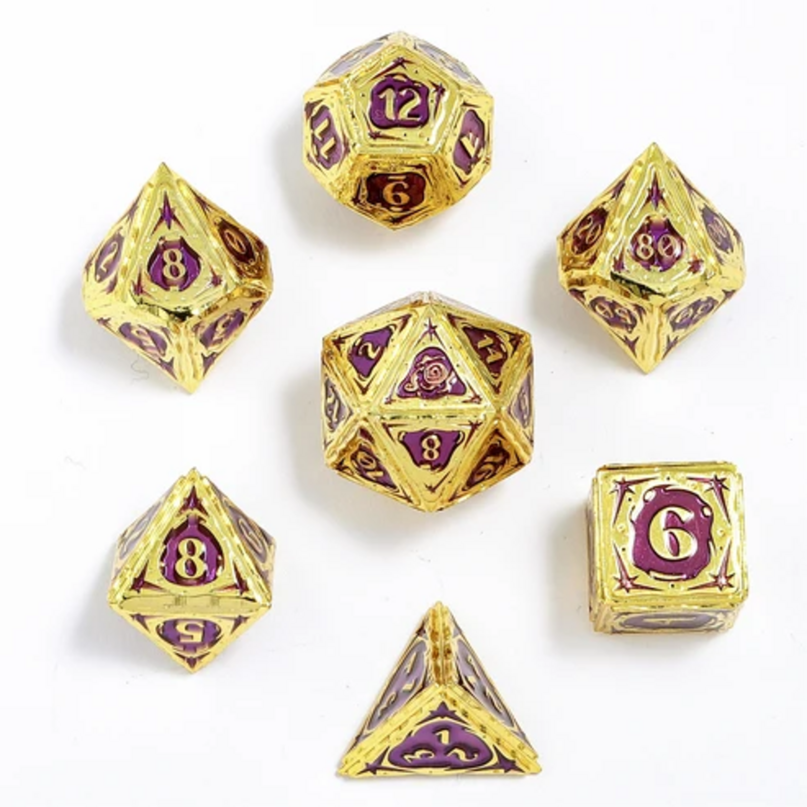 HYMGHO Hymgho Solid Metal Sorcerer Gold w/ Purple Polyhedral 7 die set