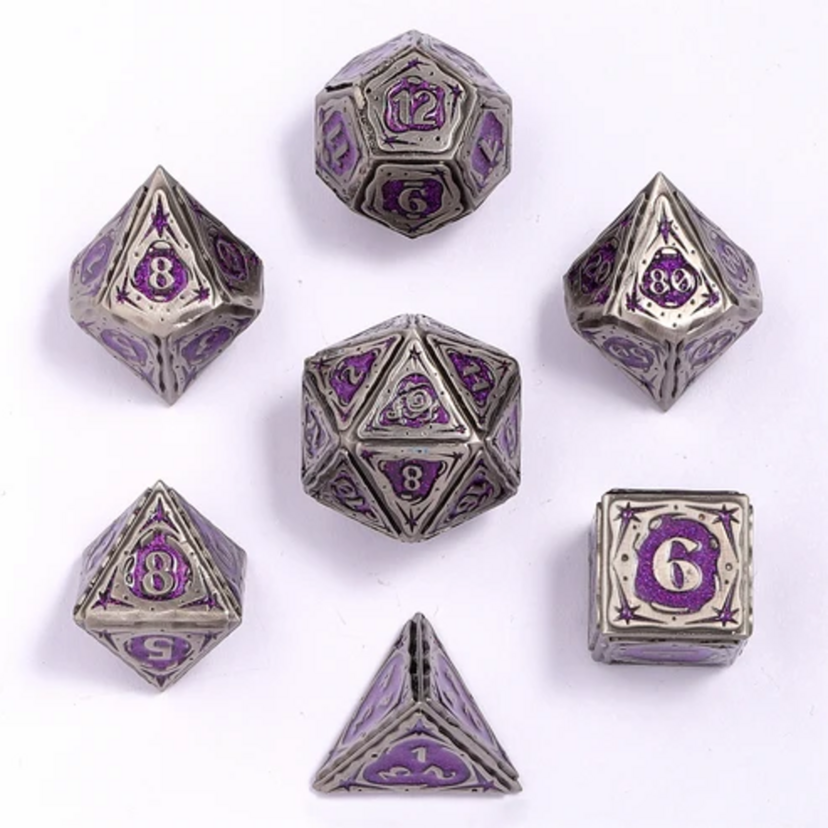HYMGHO Hymgho Solid Metal Sorcerer Ancient Silver w/ Purple Glitter Polyhedral 7 die set