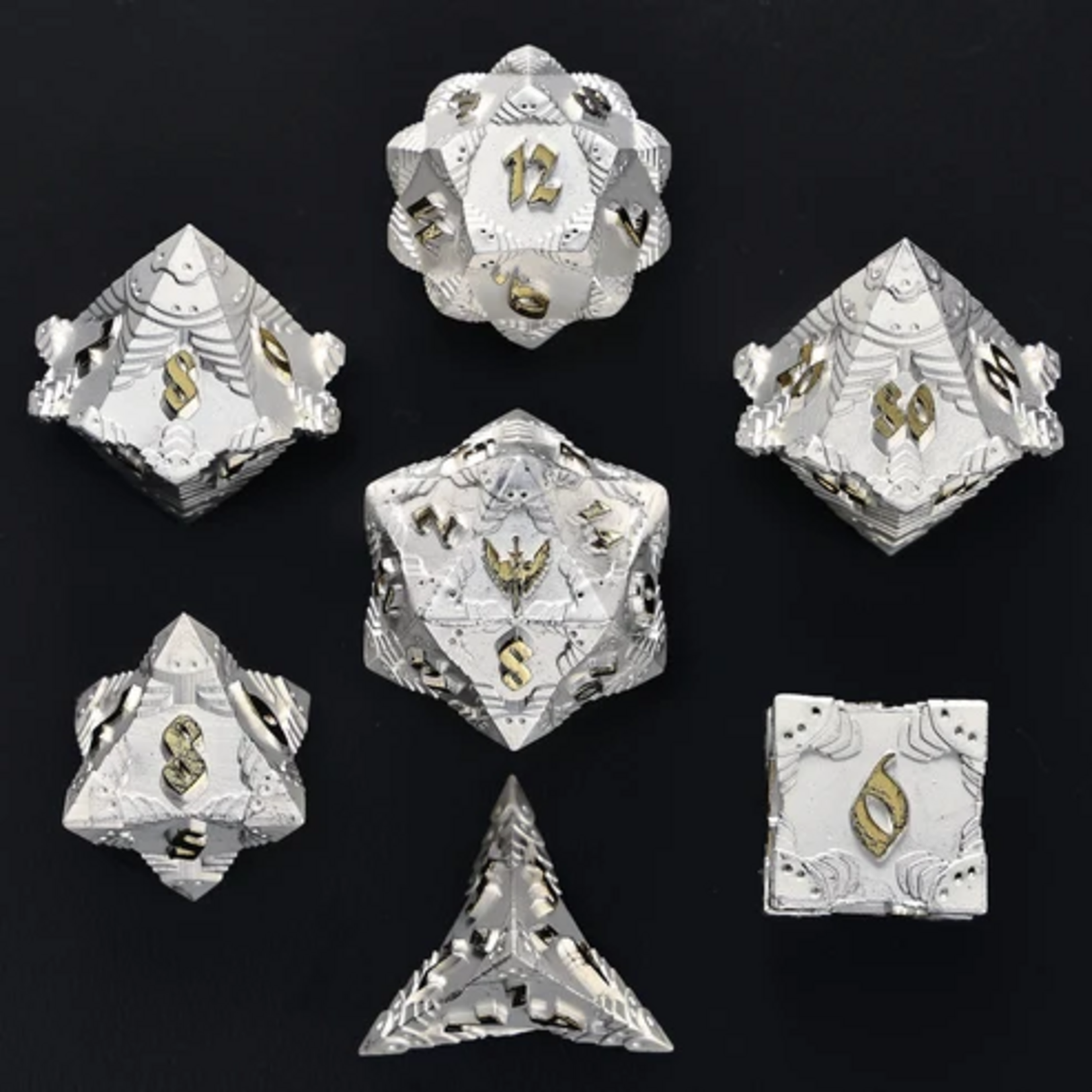 HYMGHO Hymgho Solid Metal Paladin Matte Silver w/ Gold Polyhedral 7 die set