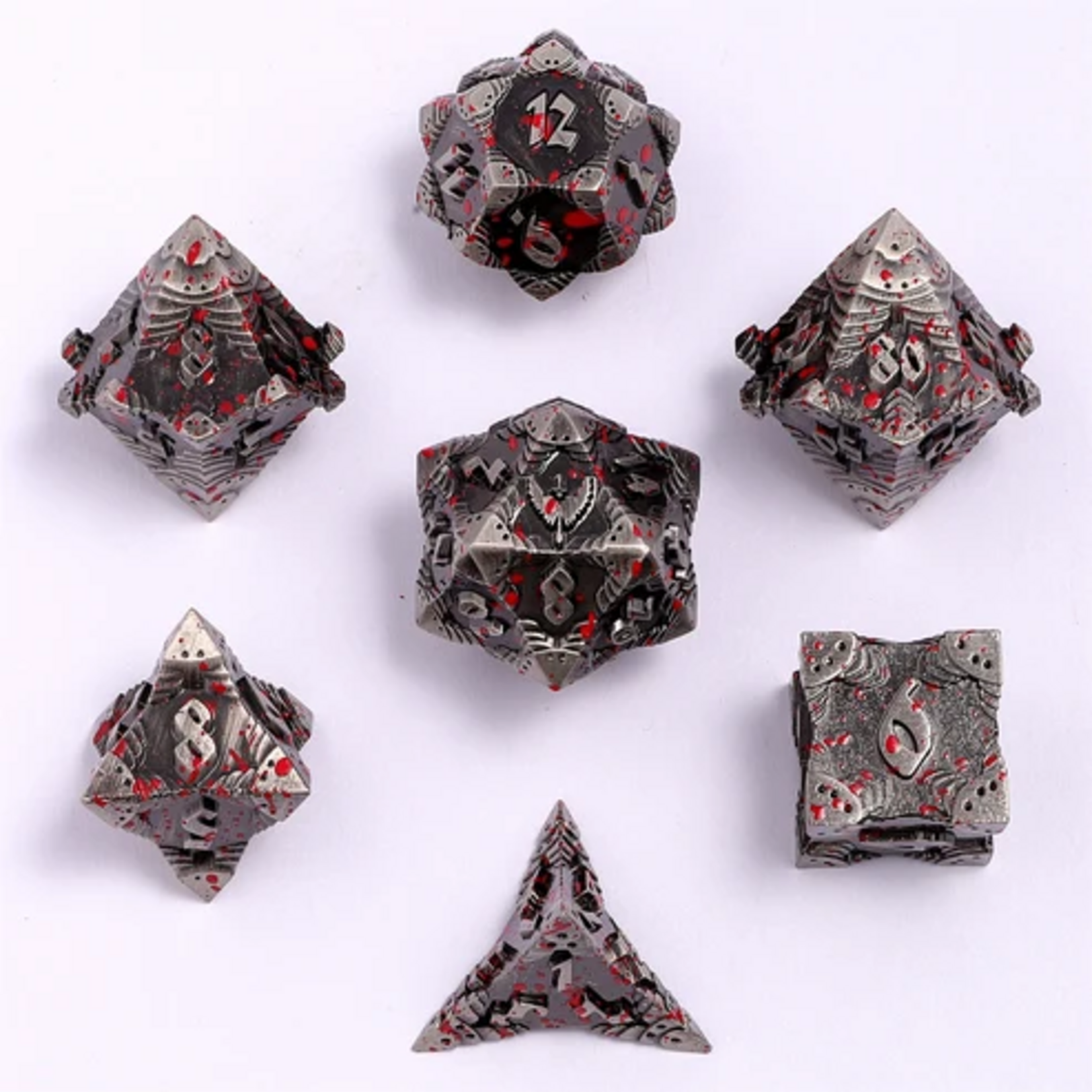 HYMGHO Hymgho Solid Metal Paladin Ancient Silver w/ Blood Splatter Polyhedral 7 die set