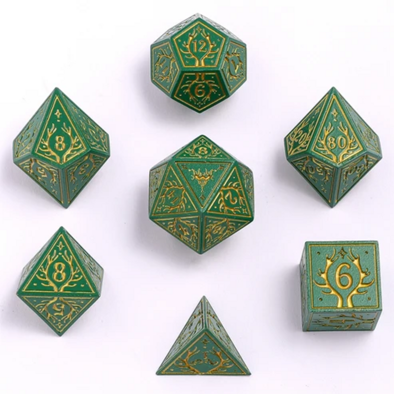 HYMGHO Hymgho Solid Metal Druid Green w/ Gold Polyhedral 7 die set