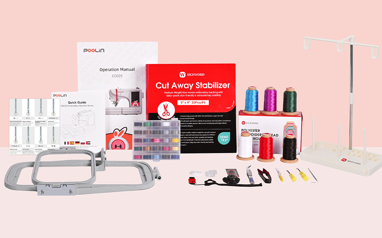 PooLin EOC05 embroidery machine starter kit and accessories