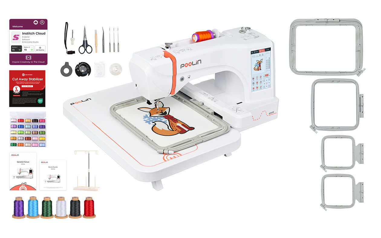 PooLin EOC06 embroidery machine starter kit and accessories
