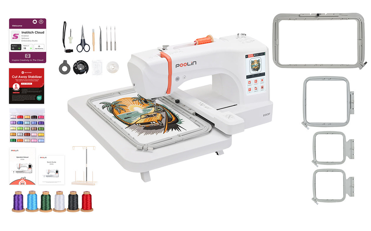 PooLin EOC07 embroidery machine starter kit and accessories