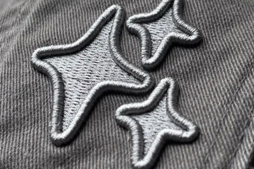 Close-up detail of star embroidery on heavy denim fabric created with a BAi commercial embroidery machine