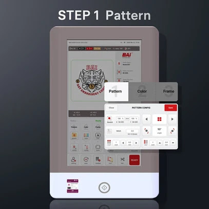 InStitch OS touchscreen control panel showing pattern selection and configuration settings on a BAi embroidery machine