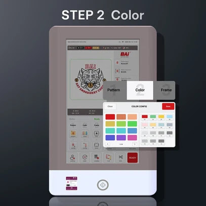 InStitch OS touchscreen control panel displaying thread color assignment and configuration settings on a BAi embroidery machine