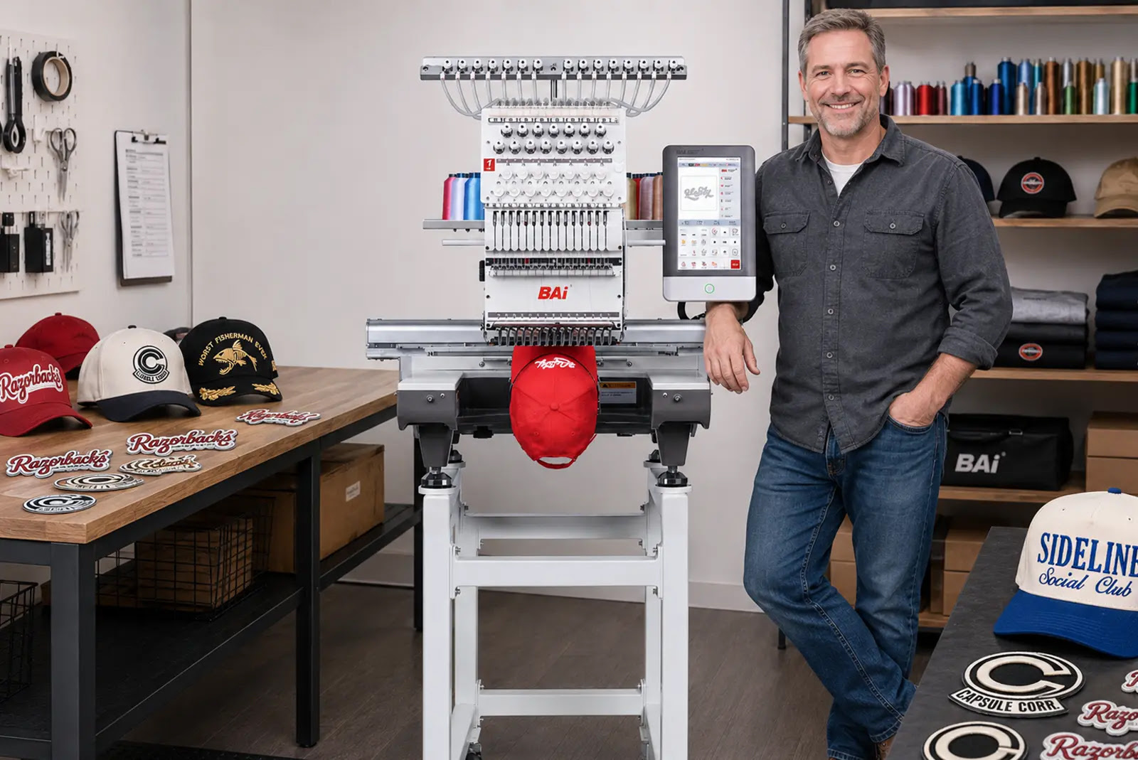 Smiling operator standing next to a BAi commercial multi-needle embroidery machine with touchscreen control panel and red embroidered cap setup