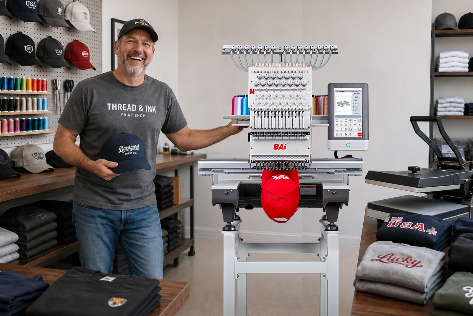 Small business owner holding a custom embroidered cap next to a BAi multi-needle commercial embroidery machine in a print shop