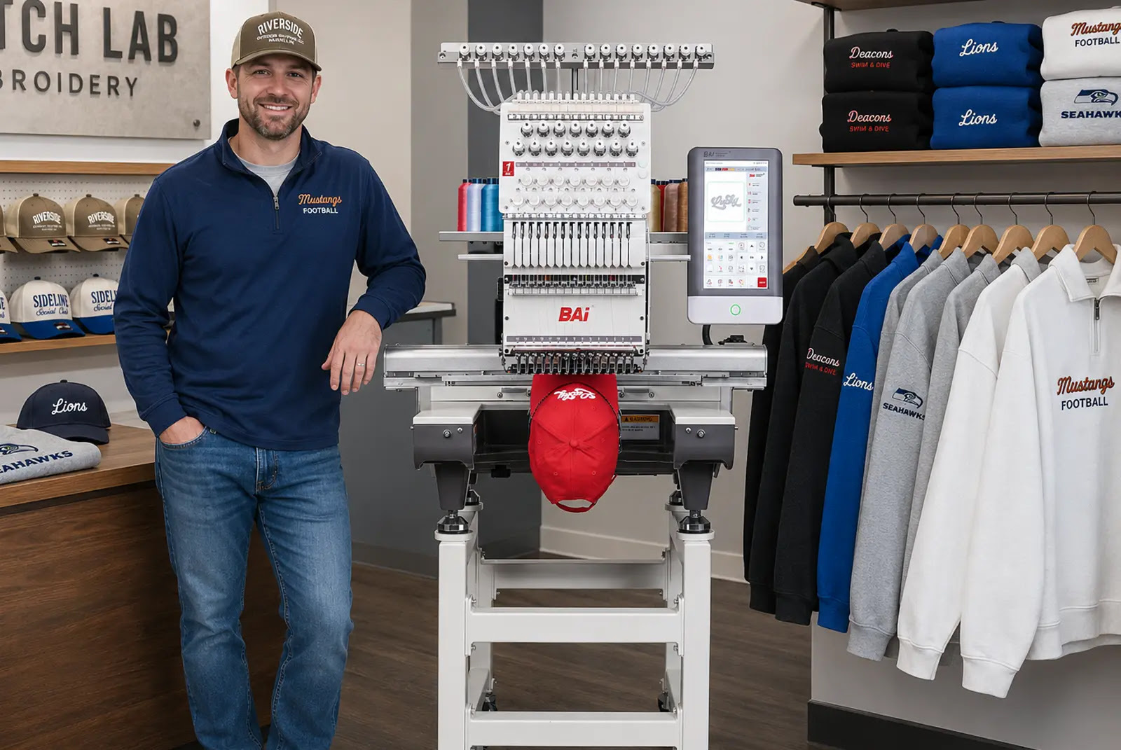 Apparel business owner leaning on a BAi commercial multi-needle embroidery machine in a custom embroidery studio surrounded by finished hats and sweatshirts