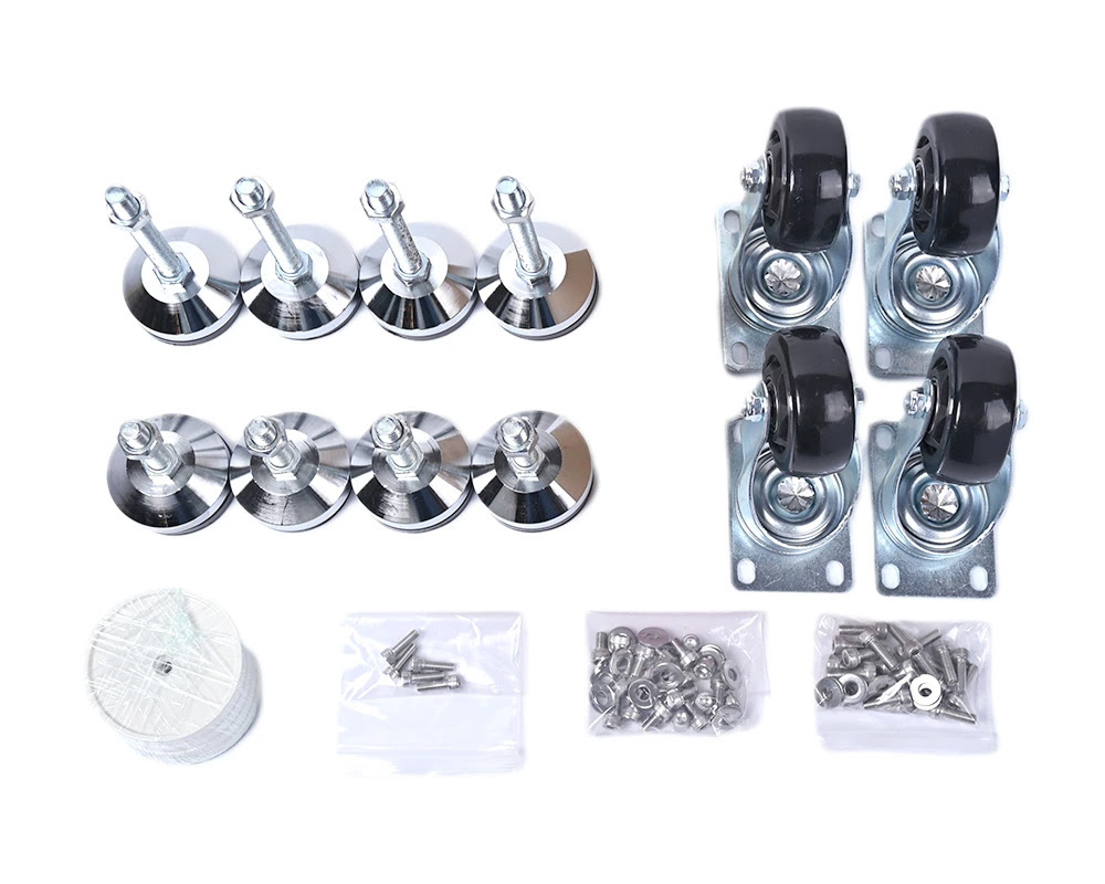 Caster wheels, levelling cup pads, and mounting screws