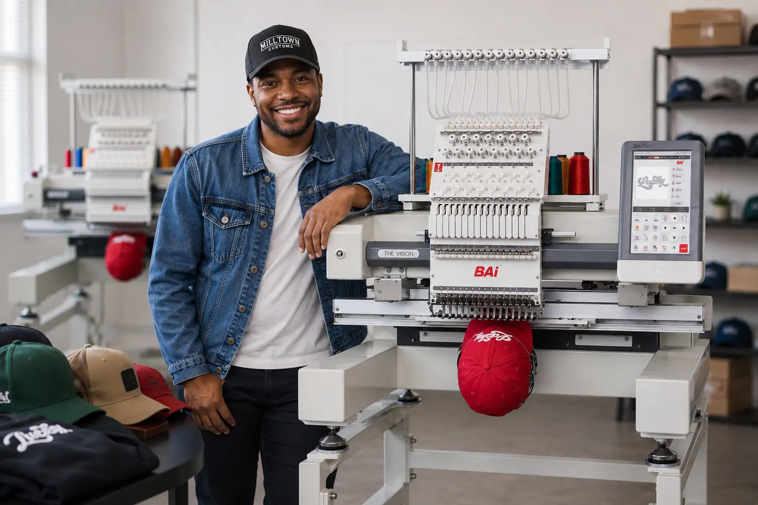 Smiling studio owner in denim jacket posing next to a BAi The Vision commercial embroidery machine with red cap attachment