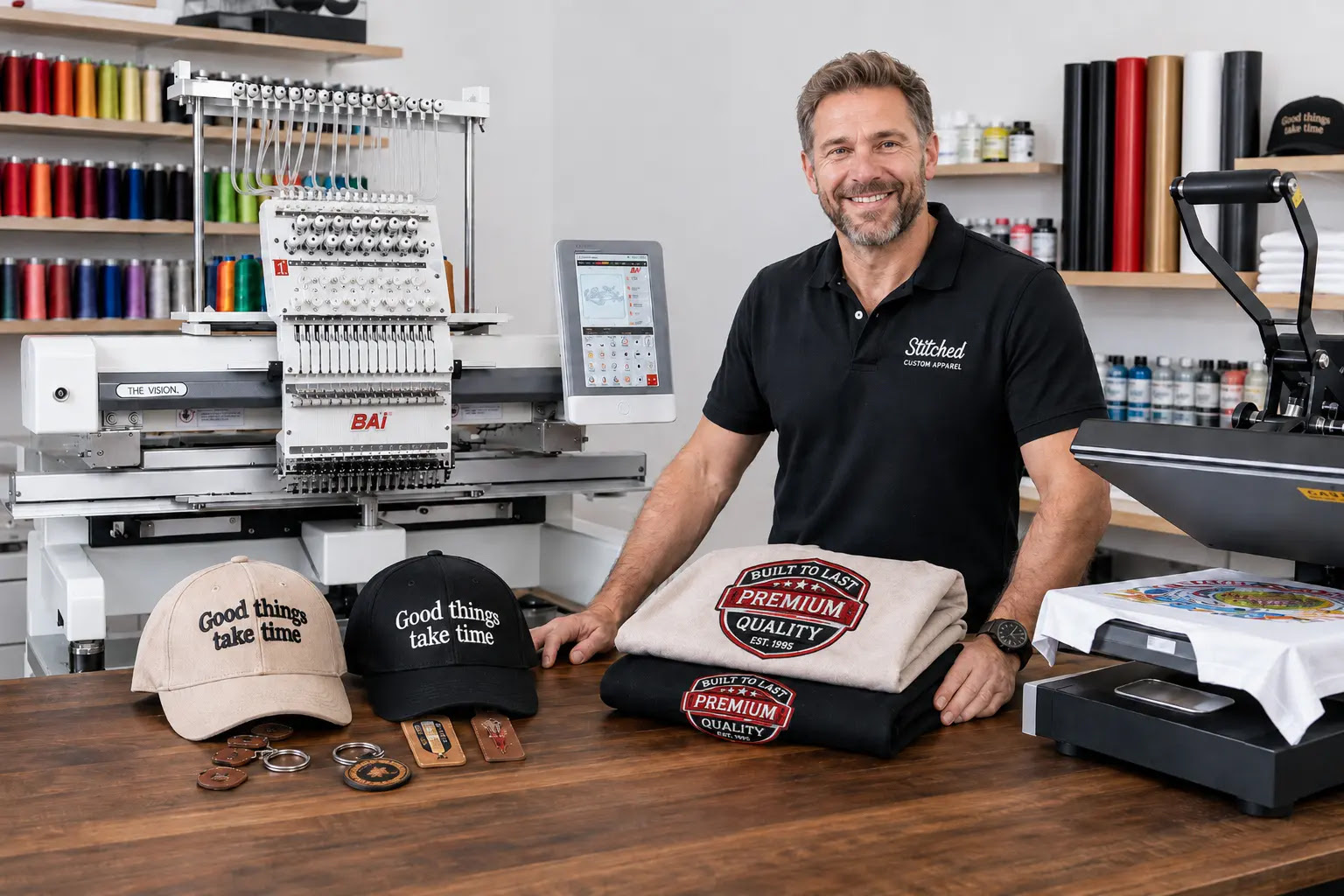 Commercial embroidery shop owner displaying custom hats and sweatshirts alongside a BAi The Vision embroidery machine and heat press