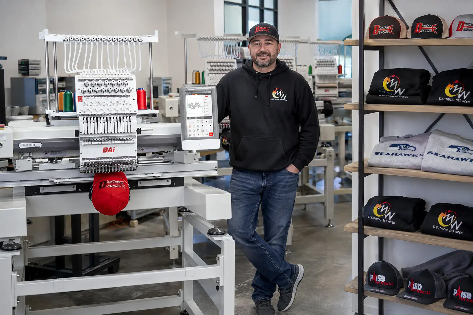Embroidery business owner in a black hoodie leaning against a BAi The Vision commercial embroidery machine next to shelves of custom apparel