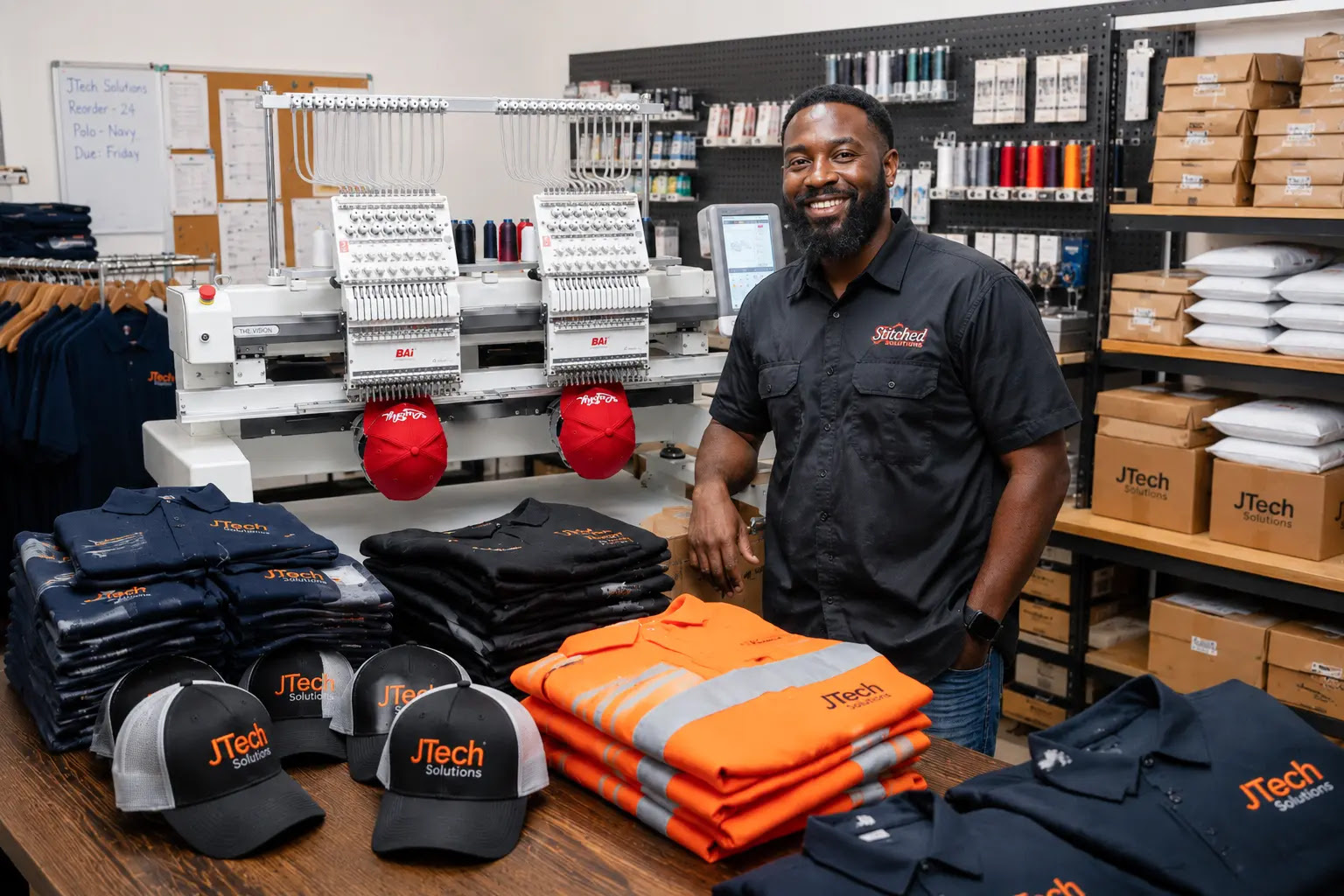 Commercial embroidery operator smiling next to a BAi The Vision 2-Head embroidery machine with stacks of embroidered workwear and caps
