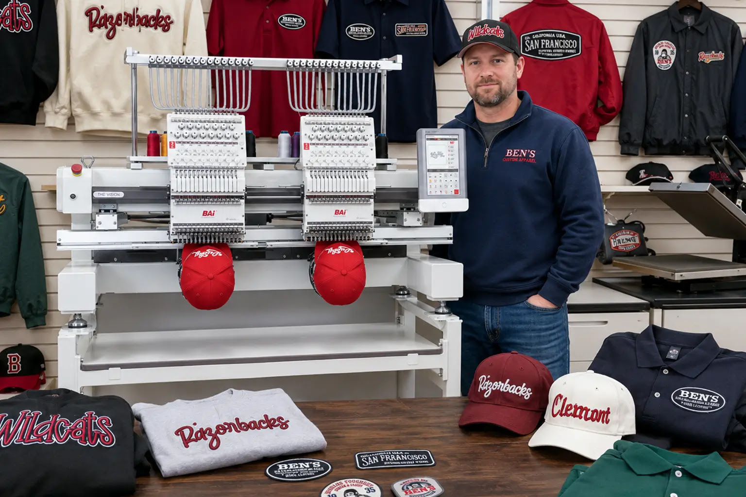 Apparel business owner standing next to a BAi The Vision 2-Head commercial embroidery machine surrounded by customized hats, jackets, and shirts